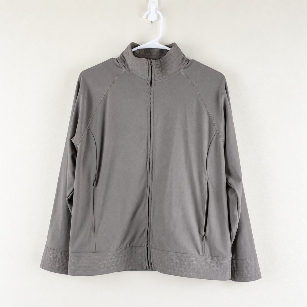 LL Bean Womens Full Zip Athletic Jacket Taupe Gray Mock Neck Activewear Medium